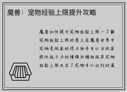 魔兽：宠物经验上限提升攻略